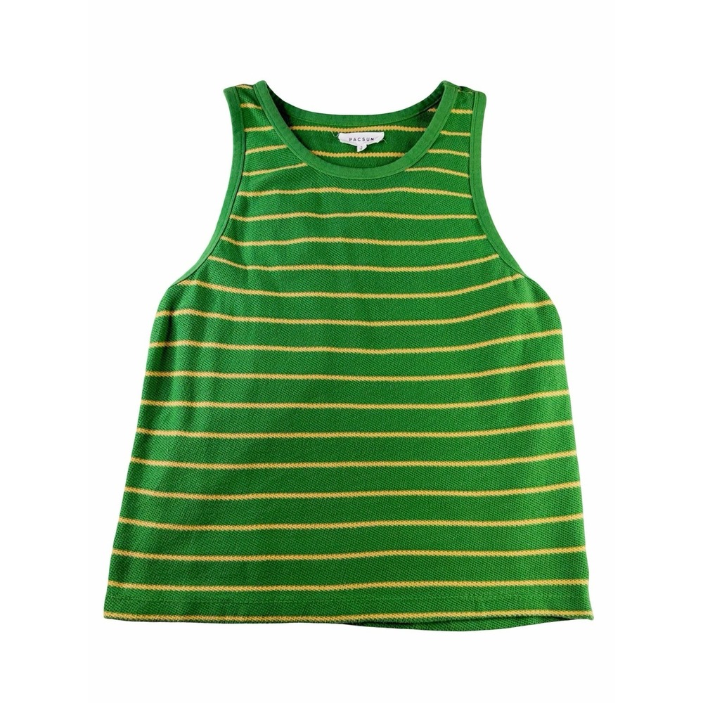 PacSun Striped Tank Top Large Green Yellow Ribbed Knit Sleeveless Crop Summer L